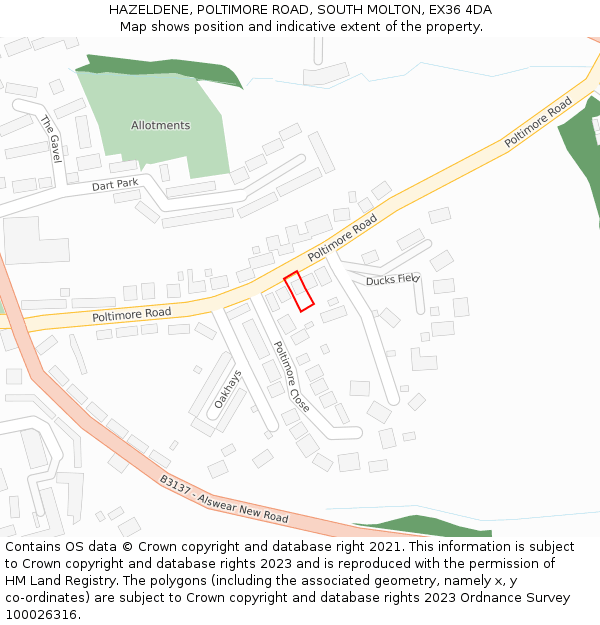 HAZELDENE, POLTIMORE ROAD, SOUTH MOLTON, EX36 4DA: Location map and indicative extent of plot