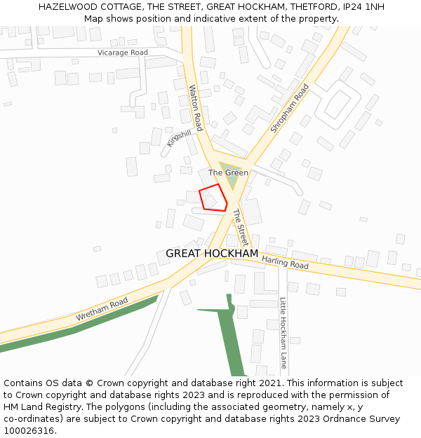 HAZELWOOD COTTAGE, THE STREET, GREAT HOCKHAM, THETFORD, IP24 1NH: Location map and indicative extent of plot