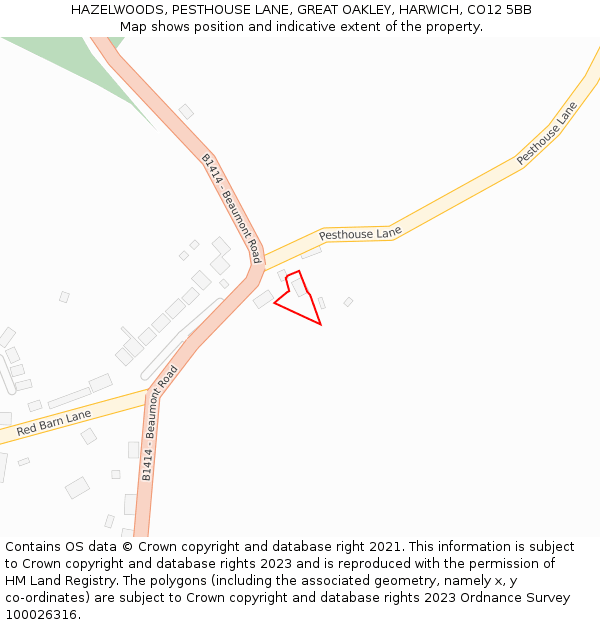 HAZELWOODS, PESTHOUSE LANE, GREAT OAKLEY, HARWICH, CO12 5BB: Location map and indicative extent of plot