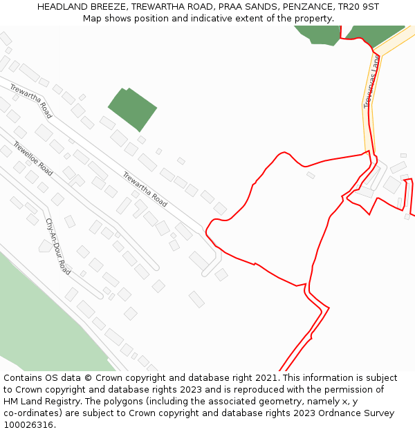 HEADLAND BREEZE, TREWARTHA ROAD, PRAA SANDS, PENZANCE, TR20 9ST: Location map and indicative extent of plot