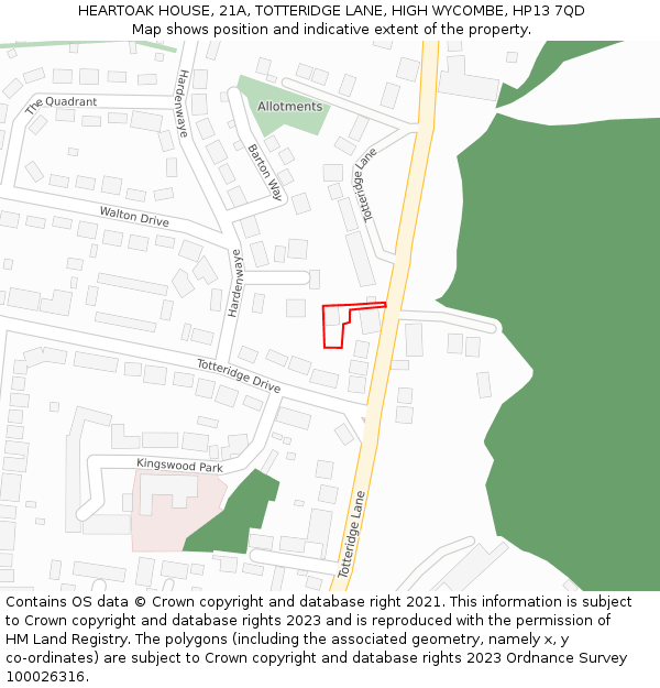 HEARTOAK HOUSE, 21A, TOTTERIDGE LANE, HIGH WYCOMBE, HP13 7QD: Location map and indicative extent of plot