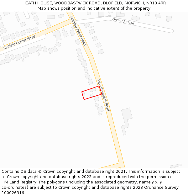 HEATH HOUSE, WOODBASTWICK ROAD, BLOFIELD, NORWICH, NR13 4RR: Location map and indicative extent of plot