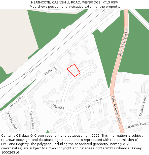 HEATHCOTE, CAENSHILL ROAD, WEYBRIDGE, KT13 0SW: Location map and indicative extent of plot