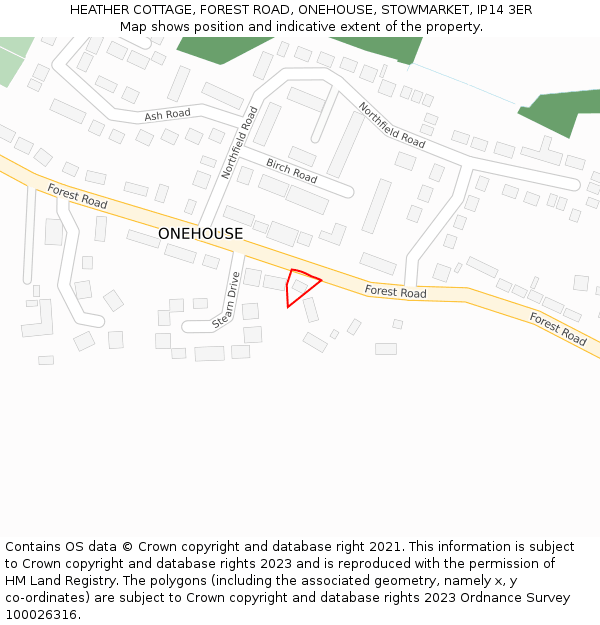 HEATHER COTTAGE, FOREST ROAD, ONEHOUSE, STOWMARKET, IP14 3ER: Location map and indicative extent of plot