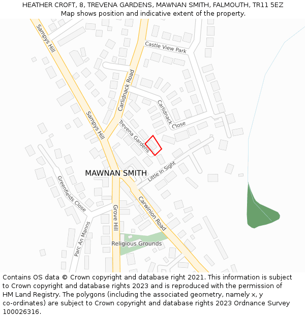 HEATHER CROFT, 8, TREVENA GARDENS, MAWNAN SMITH, FALMOUTH, TR11 5EZ: Location map and indicative extent of plot