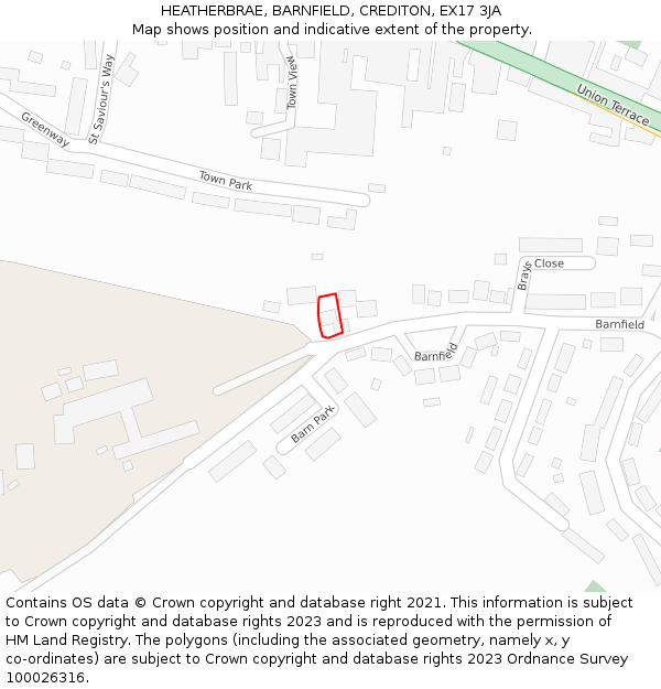 HEATHERBRAE, BARNFIELD, CREDITON, EX17 3JA: Location map and indicative extent of plot