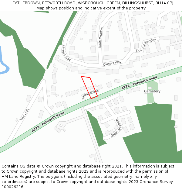 HEATHERDOWN, PETWORTH ROAD, WISBOROUGH GREEN, BILLINGSHURST, RH14 0BJ: Location map and indicative extent of plot