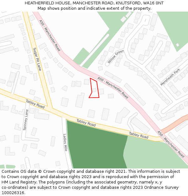 HEATHERFIELD HOUSE, MANCHESTER ROAD, KNUTSFORD, WA16 0NT: Location map and indicative extent of plot