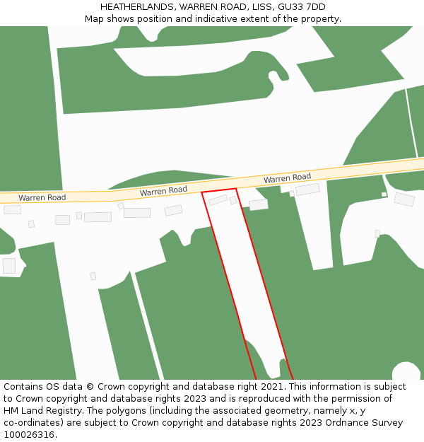 HEATHERLANDS, WARREN ROAD, LISS, GU33 7DD: Location map and indicative extent of plot