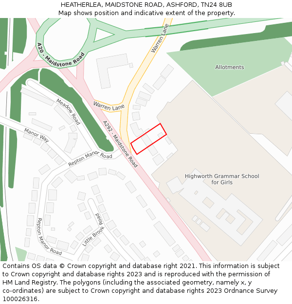 HEATHERLEA, MAIDSTONE ROAD, ASHFORD, TN24 8UB: Location map and indicative extent of plot