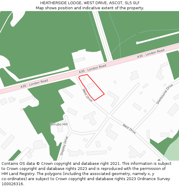 HEATHERSIDE LODGE, WEST DRIVE, ASCOT, SL5 0LF: Location map and indicative extent of plot