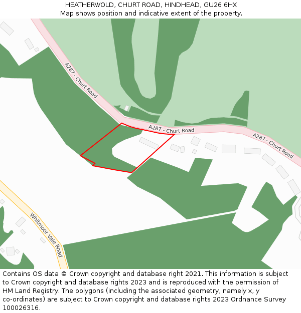 HEATHERWOLD, CHURT ROAD, HINDHEAD, GU26 6HX: Location map and indicative extent of plot
