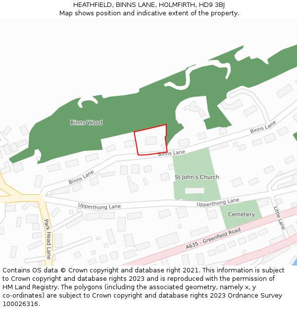 HEATHFIELD, BINNS LANE, HOLMFIRTH, HD9 3BJ: Location map and indicative extent of plot