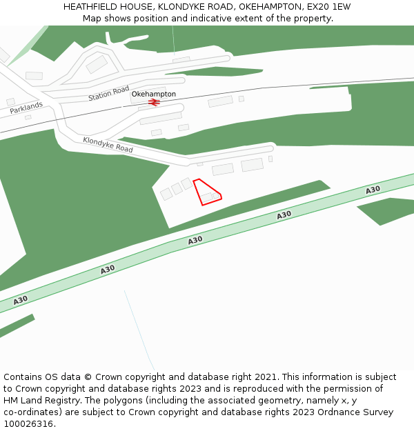 HEATHFIELD HOUSE, KLONDYKE ROAD, OKEHAMPTON, EX20 1EW: Location map and indicative extent of plot