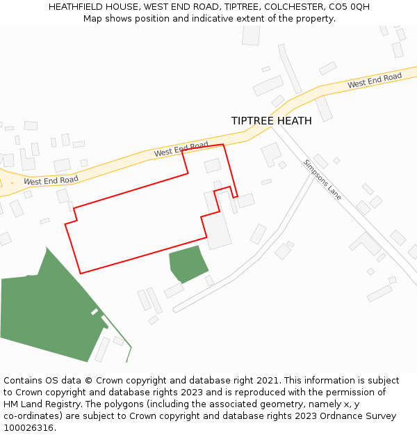 HEATHFIELD HOUSE, WEST END ROAD, TIPTREE, COLCHESTER, CO5 0QH: Location map and indicative extent of plot