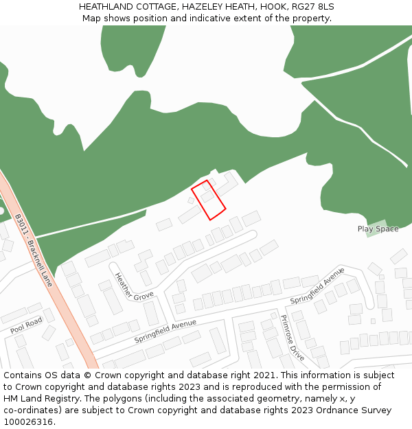 HEATHLAND COTTAGE, HAZELEY HEATH, HOOK, RG27 8LS: Location map and indicative extent of plot