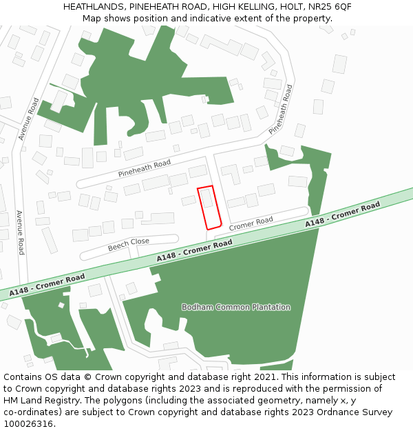 HEATHLANDS, PINEHEATH ROAD, HIGH KELLING, HOLT, NR25 6QF: Location map and indicative extent of plot