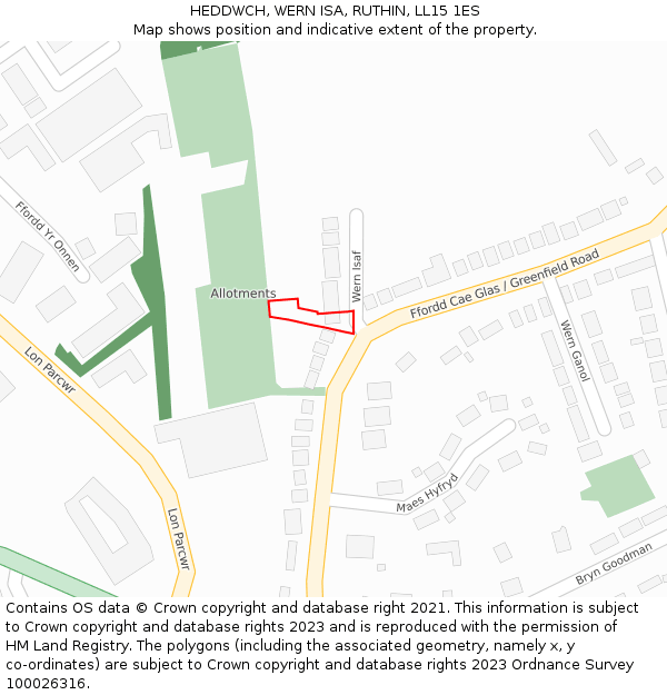 HEDDWCH, WERN ISA, RUTHIN, LL15 1ES: Location map and indicative extent of plot