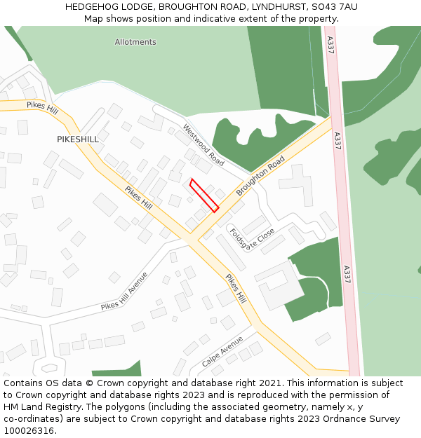 HEDGEHOG LODGE, BROUGHTON ROAD, LYNDHURST, SO43 7AU: Location map and indicative extent of plot