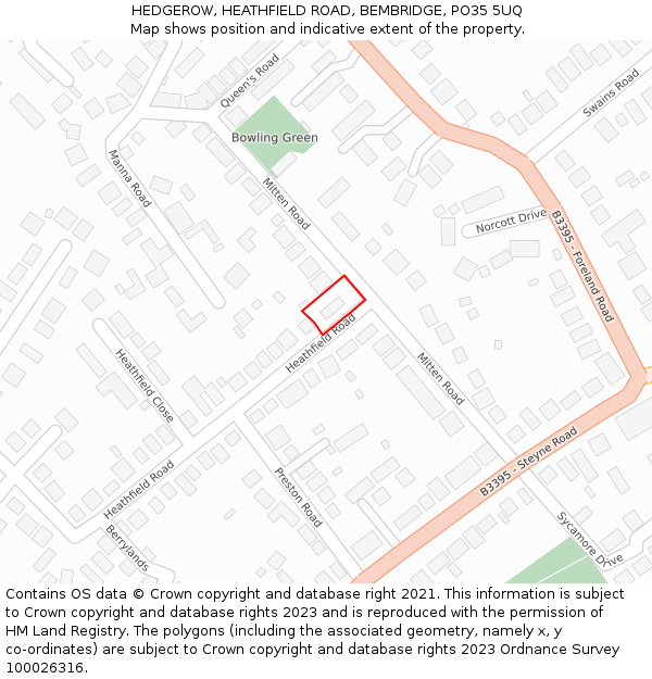 HEDGEROW, HEATHFIELD ROAD, BEMBRIDGE, PO35 5UQ: Location map and indicative extent of plot