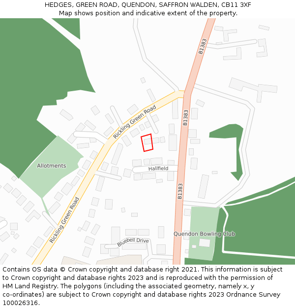 HEDGES, GREEN ROAD, QUENDON, SAFFRON WALDEN, CB11 3XF: Location map and indicative extent of plot