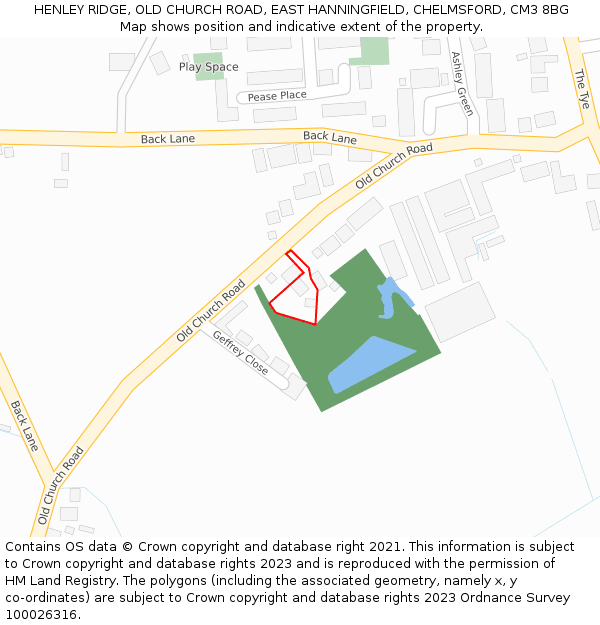 HENLEY RIDGE, OLD CHURCH ROAD, EAST HANNINGFIELD, CHELMSFORD, CM3 8BG: Location map and indicative extent of plot