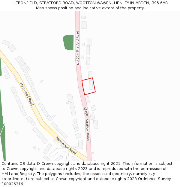 HERONFIELD, STRATFORD ROAD, WOOTTON WAWEN, HENLEY-IN-ARDEN, B95 6AR: Location map and indicative extent of plot