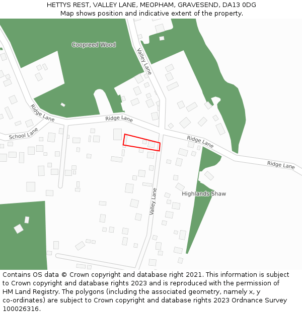 HETTYS REST, VALLEY LANE, MEOPHAM, GRAVESEND, DA13 0DG: Location map and indicative extent of plot