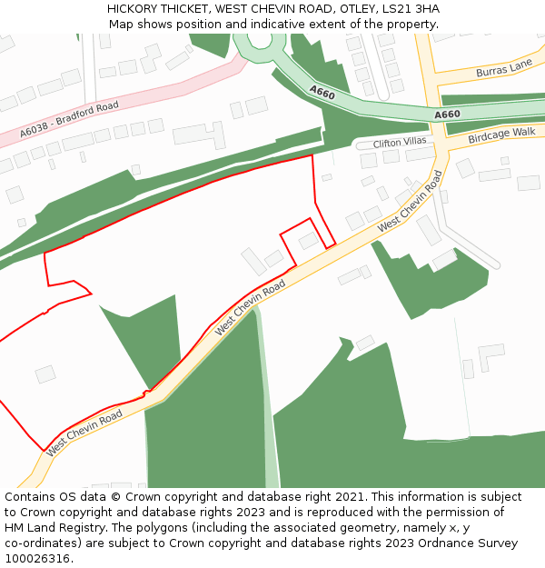 HICKORY THICKET, WEST CHEVIN ROAD, OTLEY, LS21 3HA: Location map and indicative extent of plot