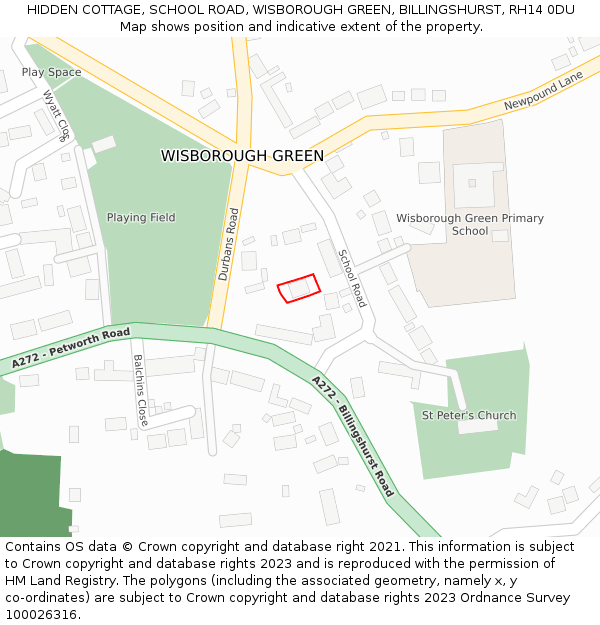 HIDDEN COTTAGE, SCHOOL ROAD, WISBOROUGH GREEN, BILLINGSHURST, RH14 0DU: Location map and indicative extent of plot