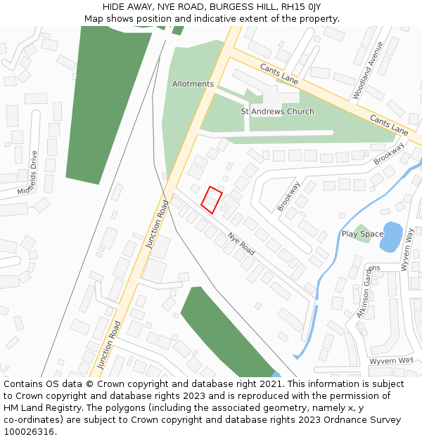 HIDE AWAY, NYE ROAD, BURGESS HILL, RH15 0JY: Location map and indicative extent of plot