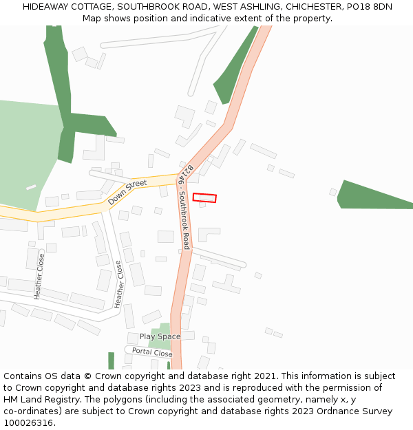 HIDEAWAY COTTAGE, SOUTHBROOK ROAD, WEST ASHLING, CHICHESTER, PO18 8DN: Location map and indicative extent of plot