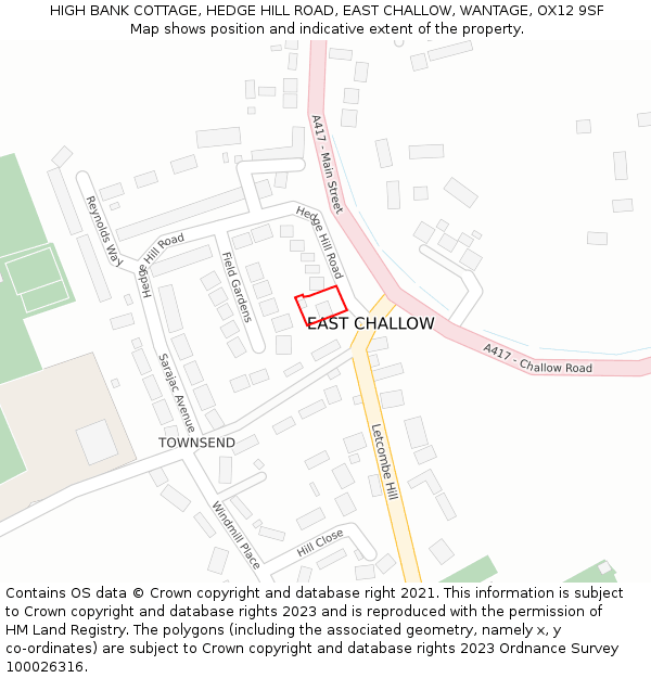 HIGH BANK COTTAGE, HEDGE HILL ROAD, EAST CHALLOW, WANTAGE, OX12 9SF: Location map and indicative extent of plot