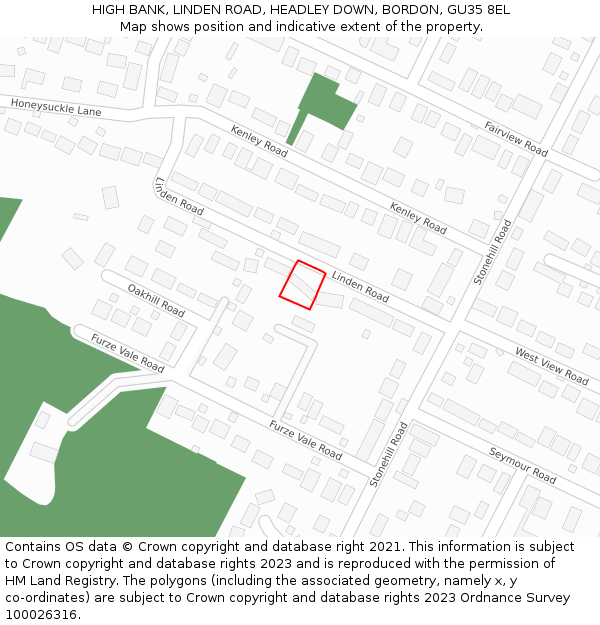 HIGH BANK, LINDEN ROAD, HEADLEY DOWN, BORDON, GU35 8EL: Location map and indicative extent of plot