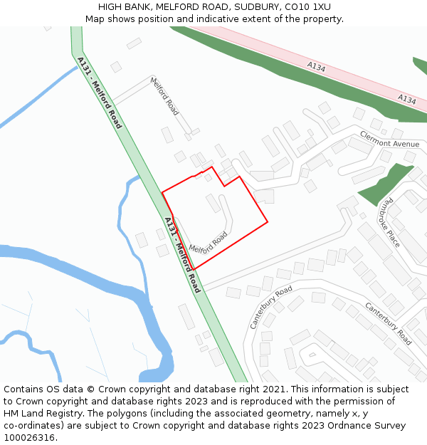 HIGH BANK, MELFORD ROAD, SUDBURY, CO10 1XU: Location map and indicative extent of plot