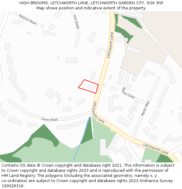 HIGH BROOMS, LETCHWORTH LANE, LETCHWORTH GARDEN CITY, SG6 3NF: Location map and indicative extent of plot
