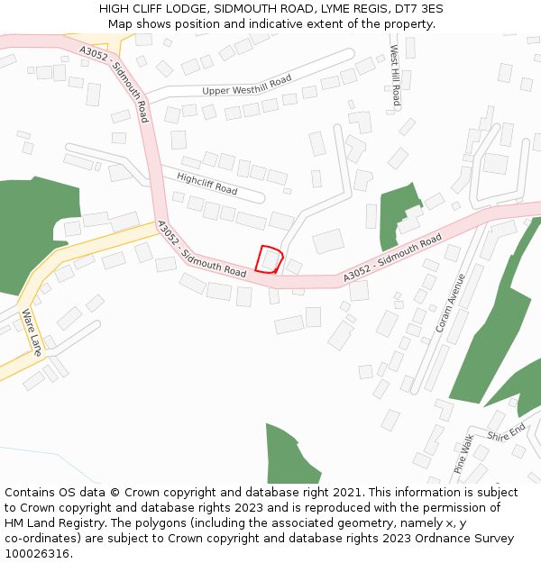 HIGH CLIFF LODGE, SIDMOUTH ROAD, LYME REGIS, DT7 3ES: Location map and indicative extent of plot