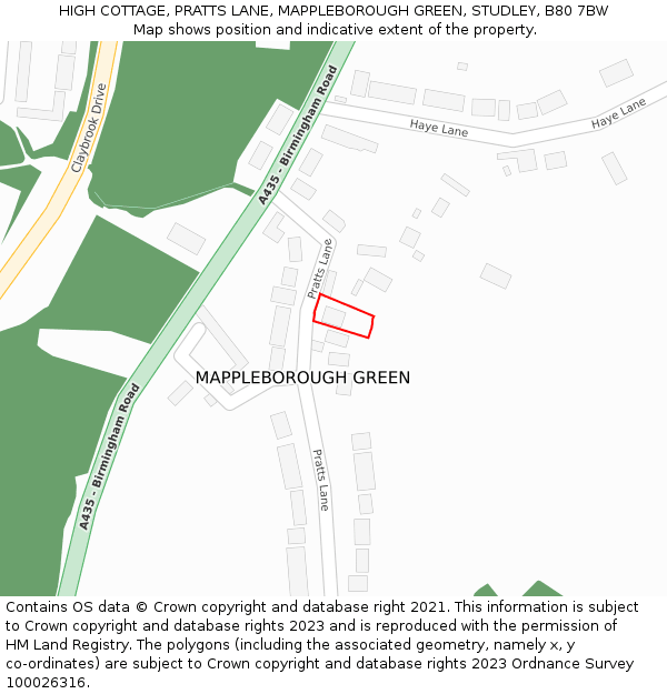 HIGH COTTAGE, PRATTS LANE, MAPPLEBOROUGH GREEN, STUDLEY, B80 7BW: Location map and indicative extent of plot