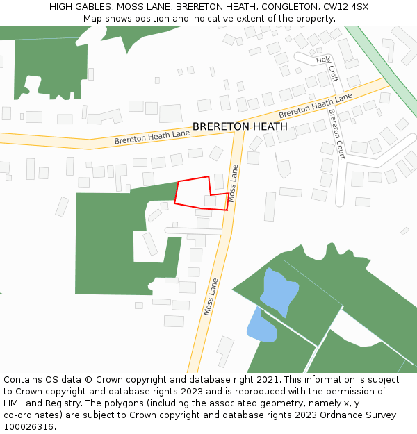 HIGH GABLES, MOSS LANE, BRERETON HEATH, CONGLETON, CW12 4SX: Location map and indicative extent of plot