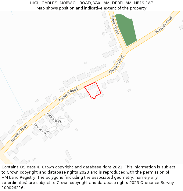 HIGH GABLES, NORWICH ROAD, YAXHAM, DEREHAM, NR19 1AB: Location map and indicative extent of plot