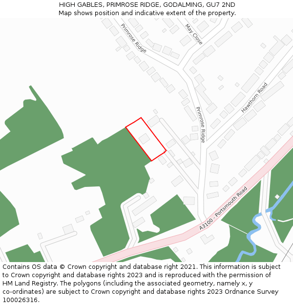 HIGH GABLES, PRIMROSE RIDGE, GODALMING, GU7 2ND: Location map and indicative extent of plot