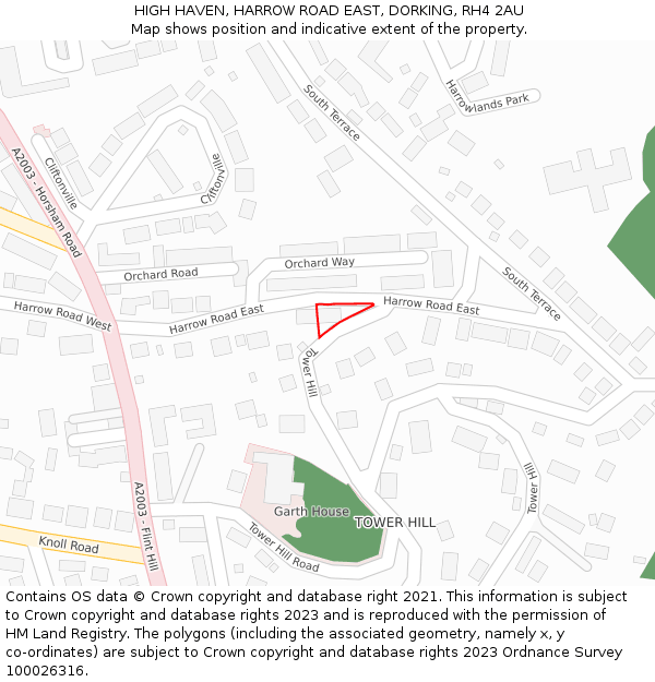 HIGH HAVEN, HARROW ROAD EAST, DORKING, RH4 2AU: Location map and indicative extent of plot