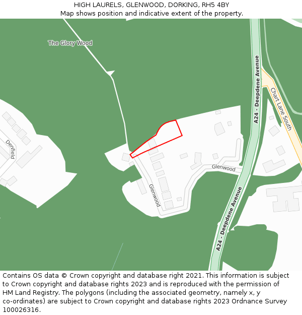 HIGH LAURELS, GLENWOOD, DORKING, RH5 4BY: Location map and indicative extent of plot