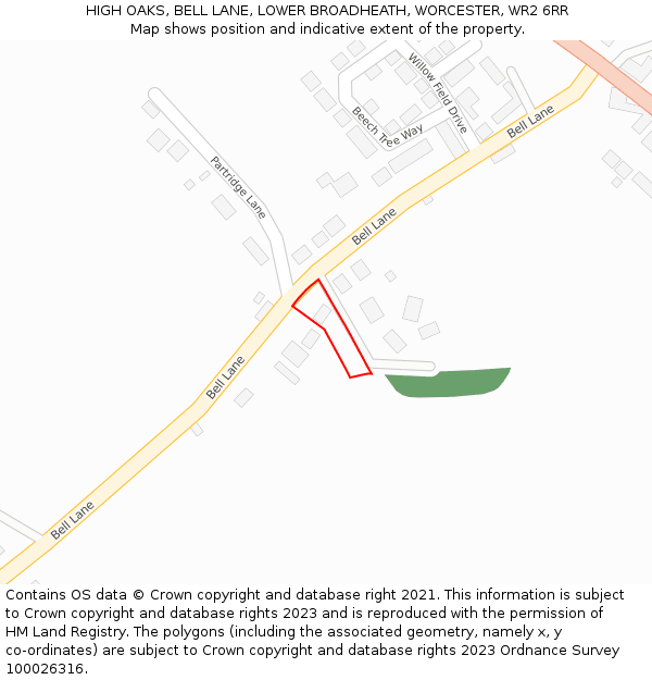 HIGH OAKS, BELL LANE, LOWER BROADHEATH, WORCESTER, WR2 6RR: Location map and indicative extent of plot