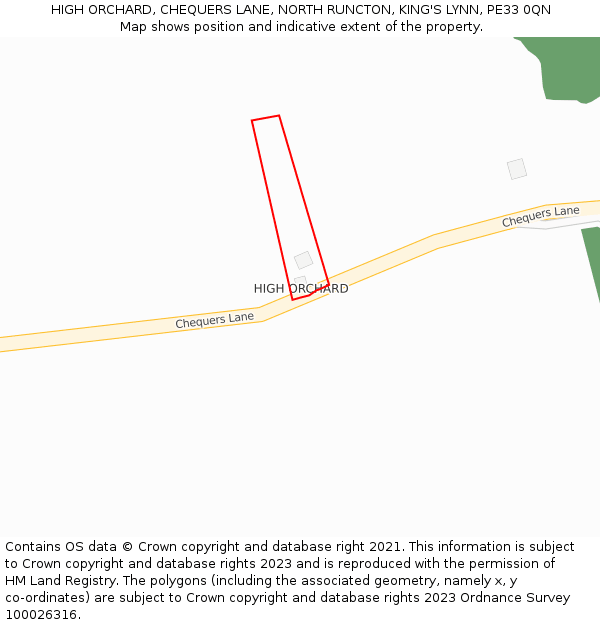 HIGH ORCHARD, CHEQUERS LANE, NORTH RUNCTON, KING'S LYNN, PE33 0QN: Location map and indicative extent of plot