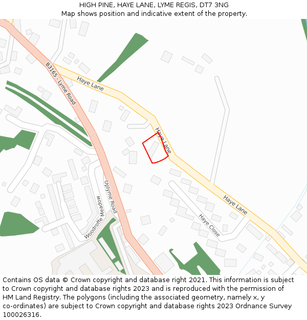 HIGH PINE, HAYE LANE, LYME REGIS, DT7 3NG: Location map and indicative extent of plot