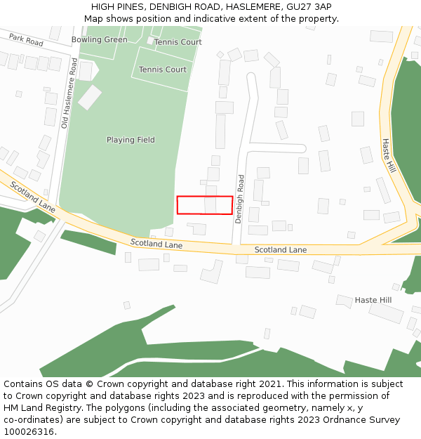 HIGH PINES, DENBIGH ROAD, HASLEMERE, GU27 3AP: Location map and indicative extent of plot