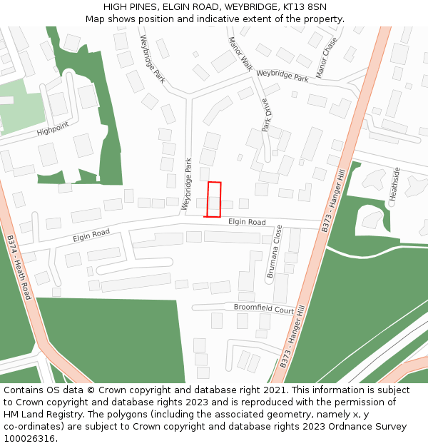 HIGH PINES, ELGIN ROAD, WEYBRIDGE, KT13 8SN: Location map and indicative extent of plot