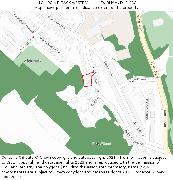 HIGH POINT, BACK WESTERN HILL, DURHAM, DH1 4RG: Location map and indicative extent of plot