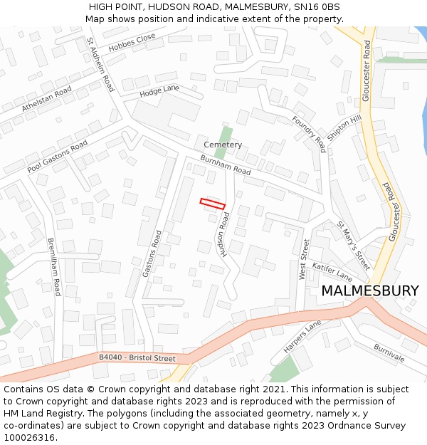 HIGH POINT, HUDSON ROAD, MALMESBURY, SN16 0BS: Location map and indicative extent of plot